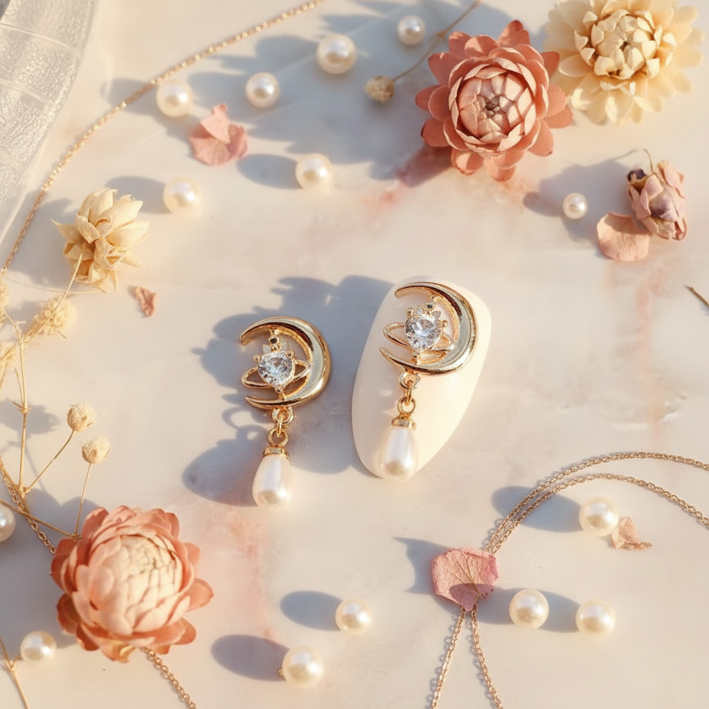 Crescent Moon Pearl Drop Charm